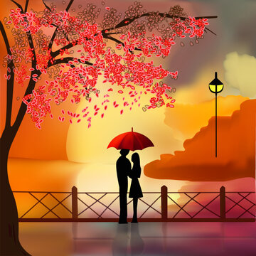 lovers couple under umbrella man woman romantic walking in beautiful park autumn landscape
