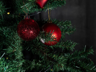 Christmas tree and decoration. Background of Christmas and New Year holidays.