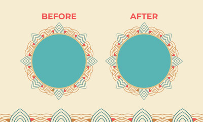 Retro-style pastel floral mandala background design or Decorative vintage before and after photo frame. Easter greeting card displaying background with floral photo frame