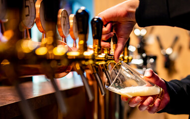 bartender hand at beer tap pouring a draught beer in glass serving in a bar or pub. taproom