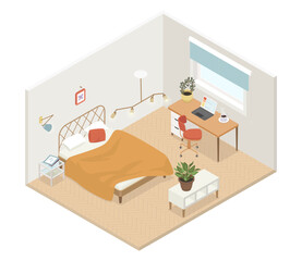 Bedroom and office area - modern vector colorful isometric illustration