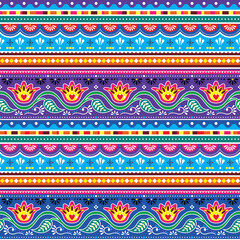 Pakistani truck art vector seamless textile or wallpaper pattern, Indian Diwali traditional floral design with flowers, leaves and abstract shapes in blue and purple
 