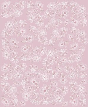 Background with leaves, bunches of flowers, butterflies, , baby fashion, rapport print, clothing art, pink background , white flowers, stamp, art, 