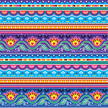 Pakistani truck art vector seamless textile or wallpaper pattern, Indian Diwali traditional floral design with flowers, leaves and abstract shapes in blue and purple
 