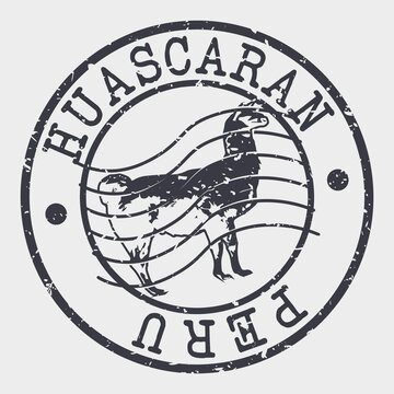 Huascaran,, Peru Silhouette Postal Passport. Stamp Round Vector Icon. Design Travel Postmark. 