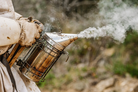 Anonymous beekeeper in apiary with bee smoke transmitter