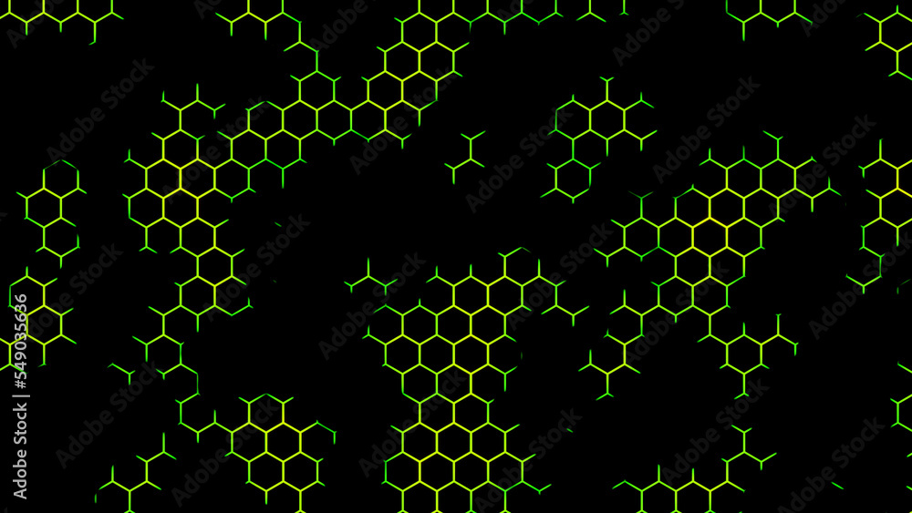 Poster Modern geometric background with hexagon shapes. Design. Green and black animation of a hexagonal grid.