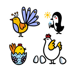 Funny doodle birds collection hand drawn in cartoon style.