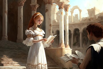 Merida Roman Ruins A Young Woman In A White Dress In The Roman Amphitheater Reading Instructions Estremadura - obrazy, fototapety, plakaty