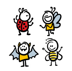 Set of hand drawn doodle insects and animals in cartoon children stile.