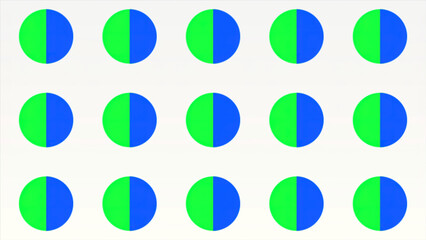 Bright animation. Motion.Multicolored small balls changing color and relevant on a bright blue background.