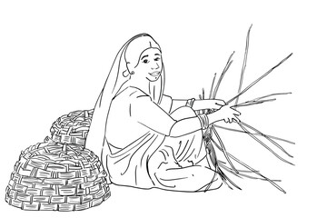 Line art of Indian Women weaving traditional baskets, making hand made bamboo baskets, working indian women