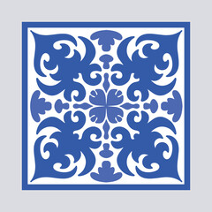 Vector Portuguese pottery tile with ceramic floral ornament. Vintage blue Portugal azulejo, Mexican talavera, Italian majolica, Arabesque motif or spanish ceramic Mosaic