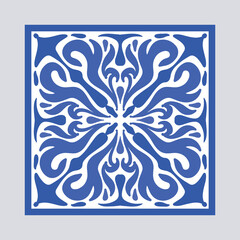 Vector Portuguese pottery tile with ceramic floral ornament. Vintage blue Portugal azulejo, Mexican talavera, Italian majolica, Arabesque motif or spanish ceramic Mosaic