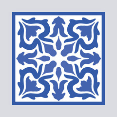 Vector Portuguese pottery tile with ceramic floral ornament. Vintage blue Portugal azulejo, Mexican talavera, Italian majolica, Arabesque motif or spanish ceramic Mosaic