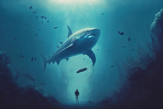 Scuba diver confront with giant shark. Megalodon, Fantasy scenery. concept art.