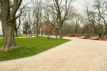 A beautiful park in the city with trees, paths, tiles and benches for people. Landscape photo of a clean and well-groomed park in the city - trees, paths and benches.