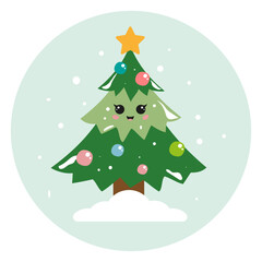 New Year's sticker with a joyful Christmas tree in the snow