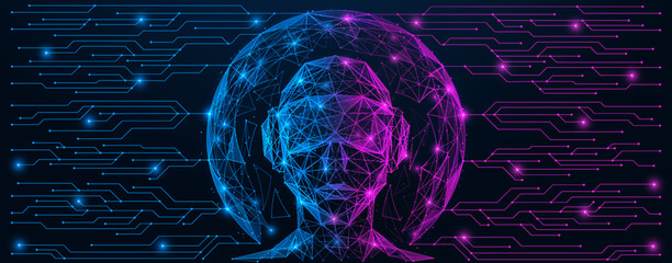 Man wearing virtual reality glasses in the center of the metaverse. Coming from the sphere of the track of the printed circuit board. Polygonal design of lines and dots.