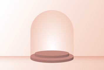 Pink Cylinder 3D podium on light pink background.  Pink 3D stage podium mockup for product placement. Vector Illustration.