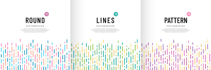 Set of colorful vertical stripes lines and round dots pattern on a white background with copy space. Random lines texture in trendy color. Simple and minimal flat banner design. Vector illustration.