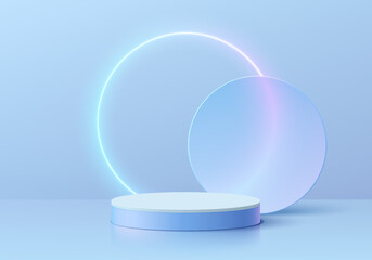 Abstract blue 3D background with realistic cylinder pedestal podium, neon light round circles overlap. Futuristic Minimal wall scene mockup product display. Vector geometric forms. Stage for showcase.