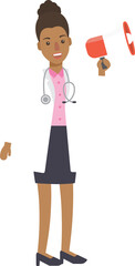Black female doctor with megaphone, medical staff.	