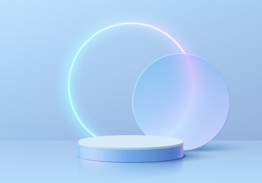 Abstract blue 3D background with realistic cylinder pedestal podium, neon light round circles overlap. Futuristic Minimal wall scene mockup product display. Vector geometric forms. Stage for showcase.