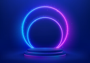 Abstract 3D blue cylinder pedestal podium. Sci-fi dark blue abstract background with glow circle neon lamp lighting overlap. Vector rendering, Product display mockup. Futuristic scene. Stage showcase.