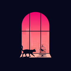 Creative concept vector illustration cat is sitting on the windowsill next to window watching the sunlight sunshine dusk dawn.