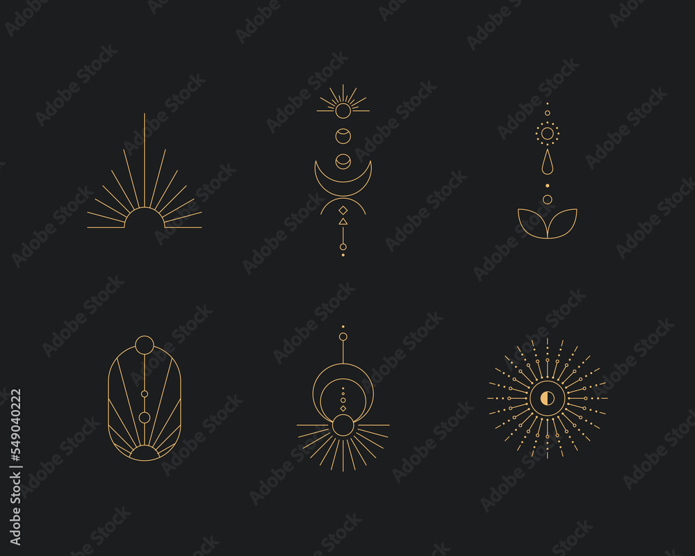 Aufkleber set of moon and sun line art. minimal boho linear symbols. celestial mystic element. vector line art