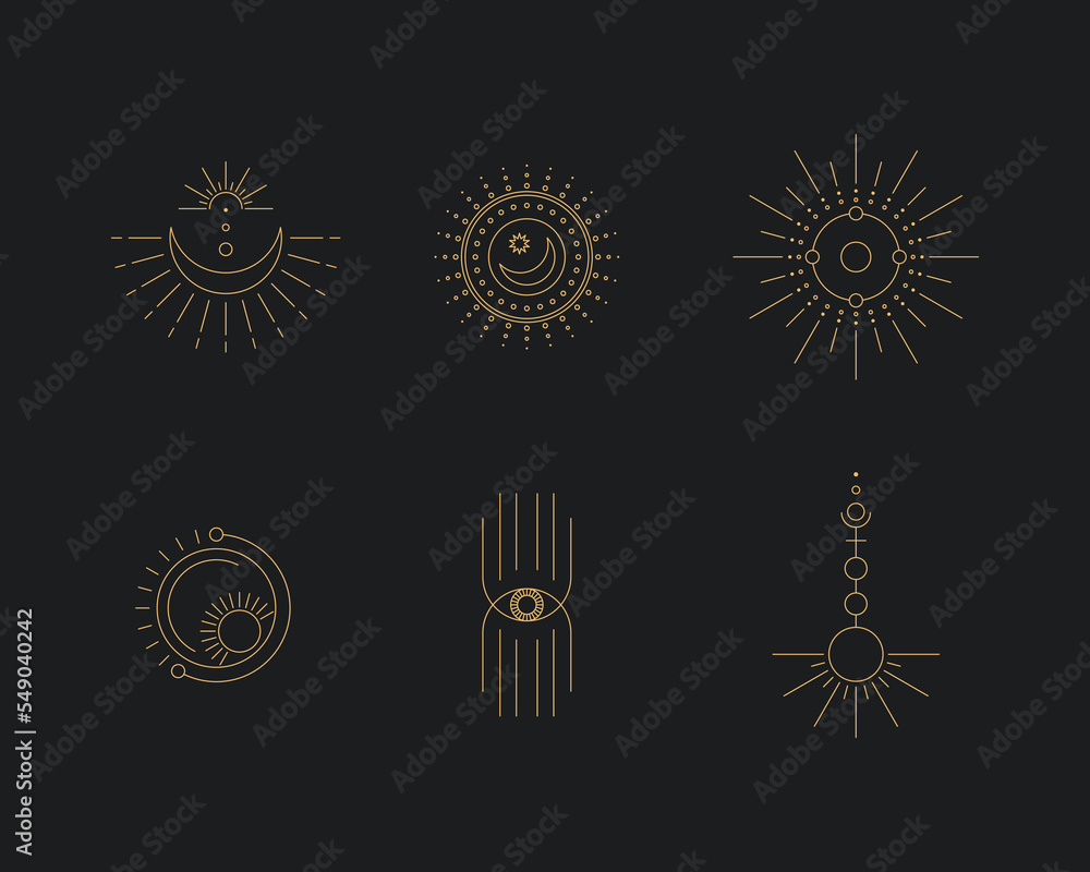 Poster set of moon and sun line art. minimal boho linear symbols. celestial mystic element. vector line art