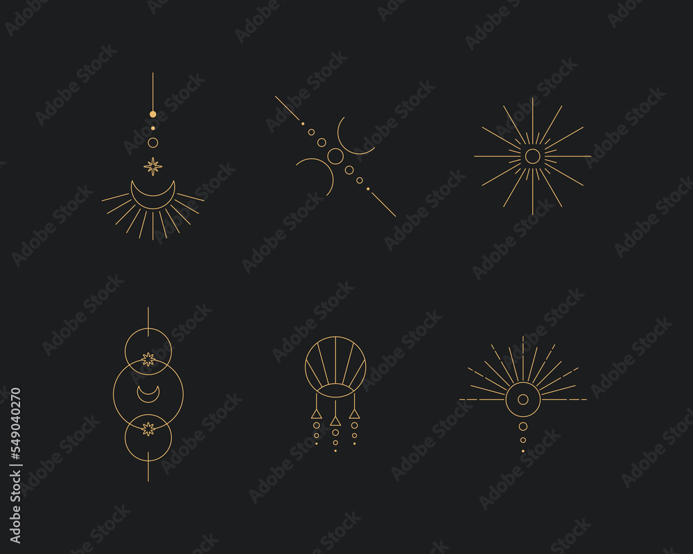 Poster minimal boho linear symbols. set of celestial mystic element. vector line art illustration.