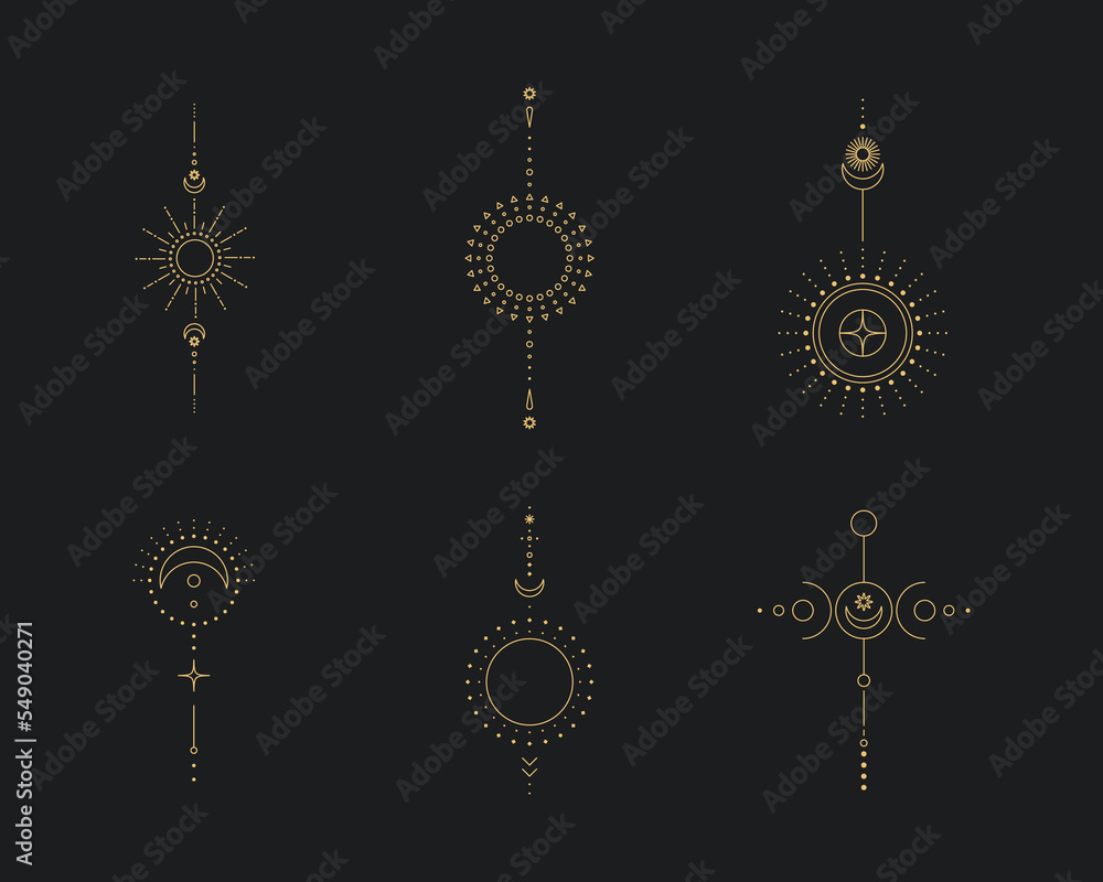Poster set of moon and sun line art. minimal boho linear symbols. celestial mystic element. vector line art