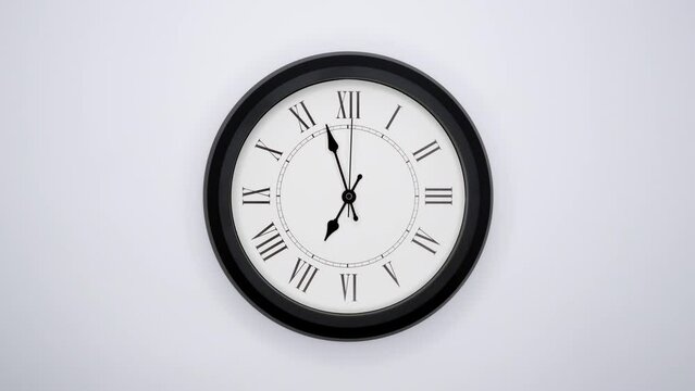 The Time On The Clock Seven. White Wall Clock With Black Rim And Black Hands. Timelapse. 4k, ProRes