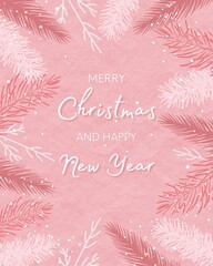 Pink christmas with pine tree design. Text merry Christmas and happy new year. Suitable for christmas card, poster, banner or social media post