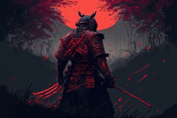 Japanese warrior. Samurai in red armor. - obrazy, fototapety, plakaty