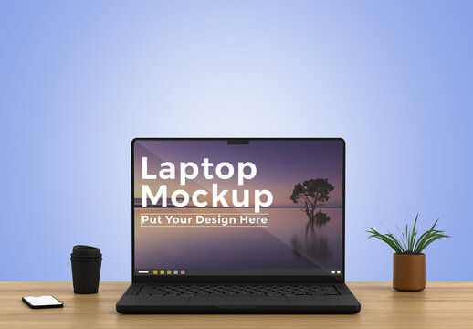 Laptop on wooden Table Mockup 
