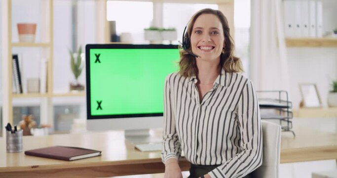 Business woman, computer and green screen with chroma key markers for call center or global software marketing space. Desktop, screen and advertising manager portrait with product placement ux mockup