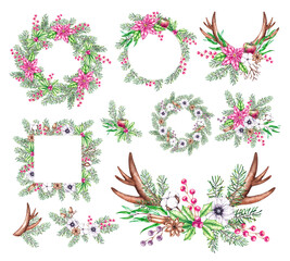 Watercolor set of Christmas bouquets, frames, wreaths, horns