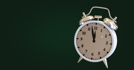 White alarm clock on a green background. 3d rendering