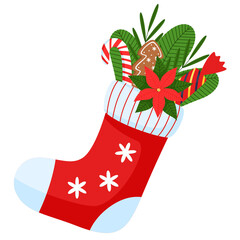 Christmas stocking with gifts. Candy cane, holly twig in red sock. 