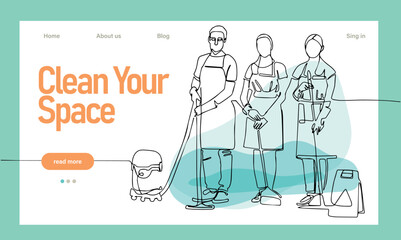 Home cleaning service landing page design concept, illustration of janitors with cleaning tools. Vector illustration