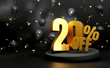 Golden twenty percentage sign, Discount 20 percent symbol, 3d sale symbol with podium, Sales concept, 3d rendering.