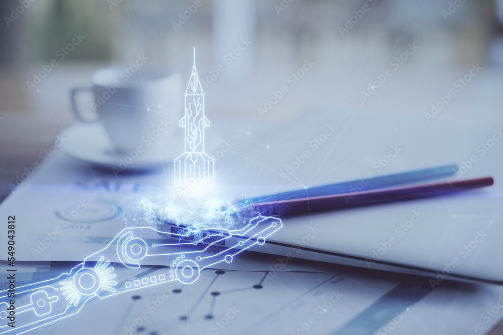 Poster Desktop computer background in office and start up theme hologram drawing. Double exposure. Startup concept.