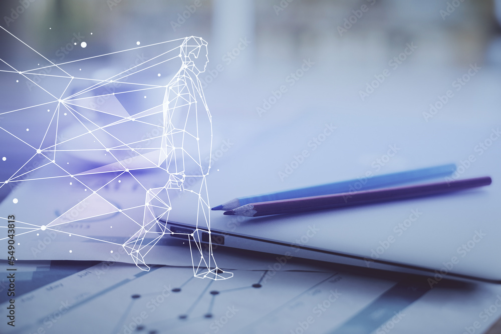 Poster desktop computer background in office and start up theme hologram drawing. double exposure. startup 
