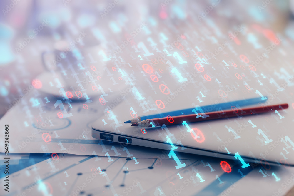 Poster Double exposure of table with computer on background and data theme hologram. Data technology concept.