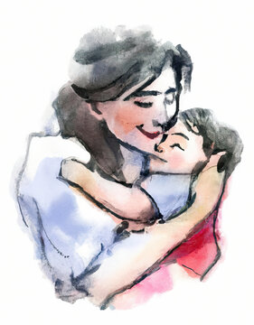 A watercolor portrait of a mother kissing her child