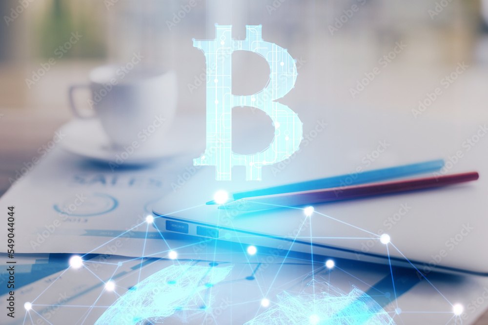 Aufkleber Double exposure of blockchain and crypto economy theme hologram and table with computer background. Concept of bitcoin cryptocurrency.