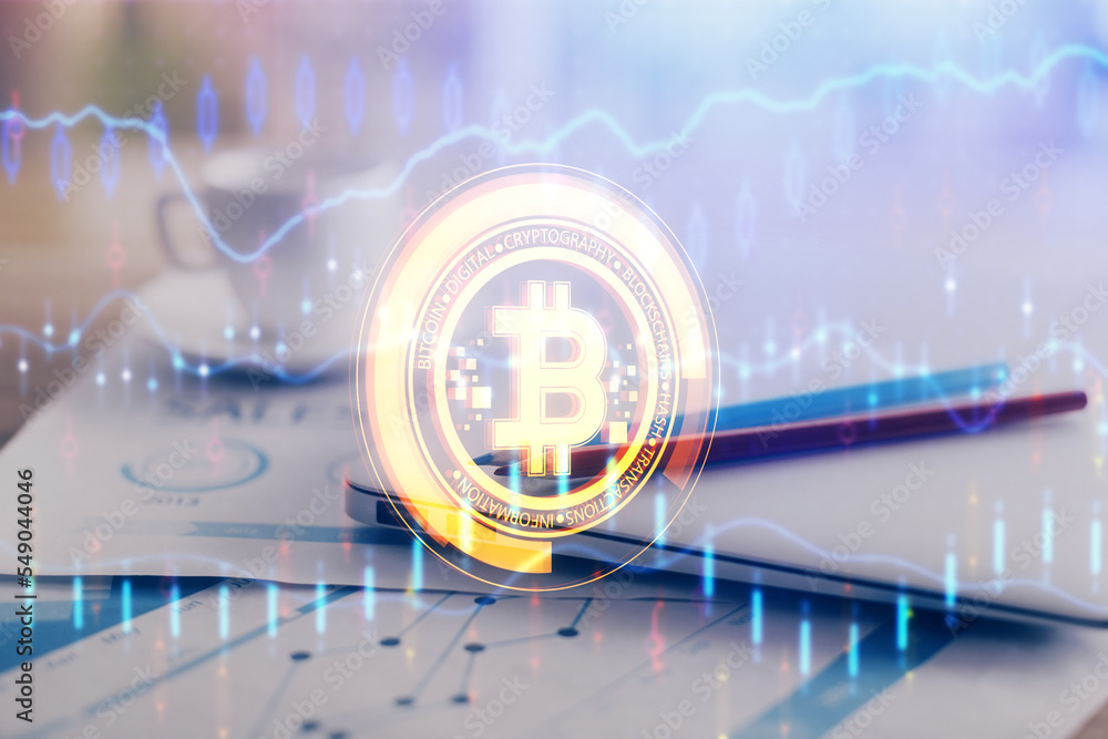 Aufkleber double exposure of blockchain and crypto economy theme hologram and table with computer background. 
